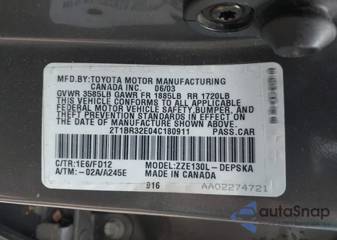 2004 Toyota Corolla Ce/Le/S z USA, uszkodzony, nr VIN 2T1BR32E04C180911